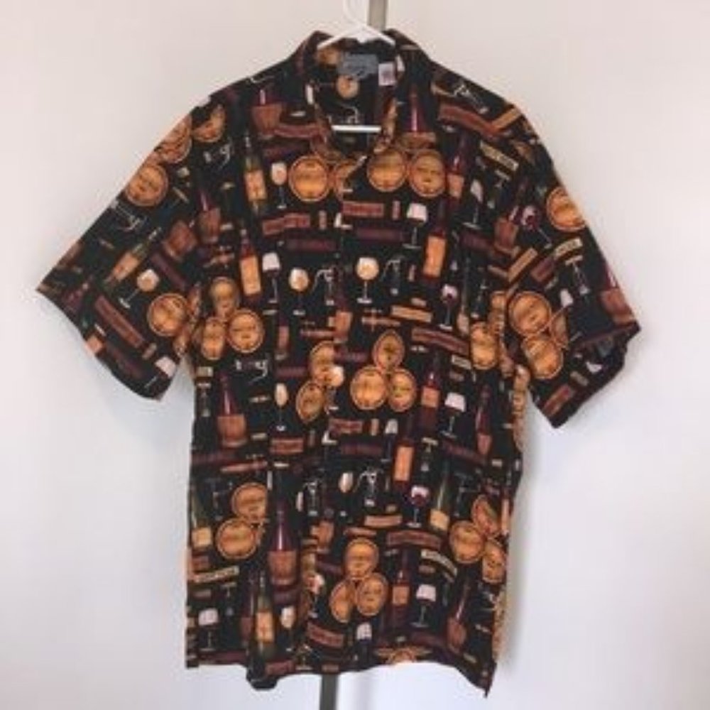 Men’s Black Wine Barrels and bottles Hawaiian Shirt Size XL